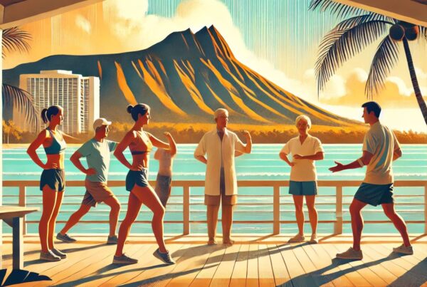 Fit adults in their 40s and 50s doing balance and strength exercises with a HolistiCare therapist on a shaded lanai in Honolulu, Diamond Head and Pacific Ocean in background, warm sunset light, painterly style